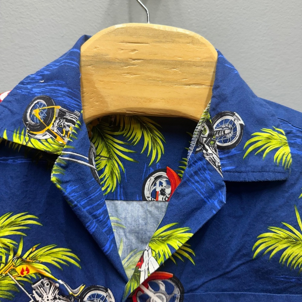 Aloha Republic Hawaiian  Shirt Men S Blue Motorcycle Palm Tree Tropical - Picture 6 of 8